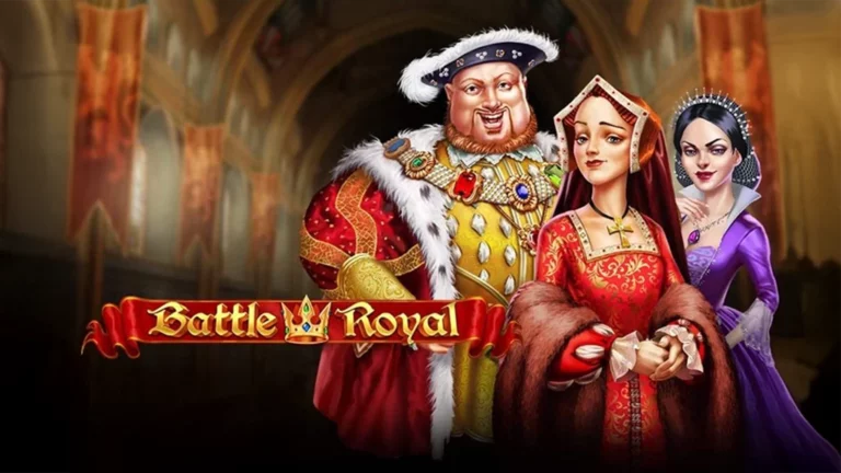 Playân GOâs Battle Royal slot featuring King Henry VIII and his six wives in a vibrant Tudor court setting with royal symbols